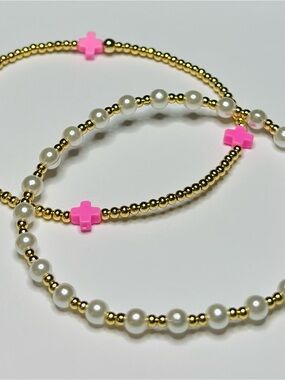 BramFam Beads Gold filled Bracelets with Pink Cross Accent and Pearl Beads
